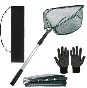 Folding Fishing Net With Non-Slip Gloves Storage Bag Telescoping Pole Handle Extend Landing Net Coated Nylon Mesh for Men Women