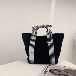 Large Capacity Canvas Tote Bag Womens Handbag Striped Butterfly Knot Design Casual Soft Handle Korean Style Fashion Bag