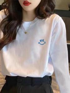 Loose Fit Pure Cotton Long Sleeve T-Shirt Womens Spring Autumn New Style round Neck Smiley Print Student Base Shirt