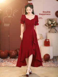 Red Wedding Dress Short Sleeve Engagement Party Female High Waist Elegant Style Princess Cut Formal Wear for Wedding And Gatherings