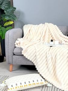 Legit Faux Rabbit Fur & Striped Soft Plush Blanket