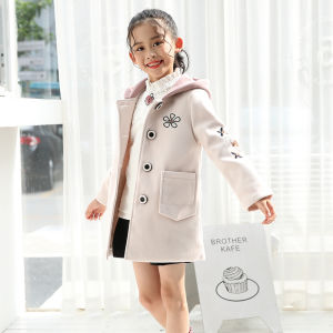 Girls Woolen Coat Cotton Lined Hooded Mid-Length Thickened Autumn Winter Fashionable Plaid Childrens Coat Korean Style Jacket