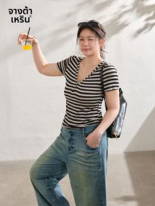 ZHANGDAREN | Bộ Quần Áo Sơ Mi V-neck Sọc Ôm Dáng và Quần Jeans Ống Đứng Cao Waisted