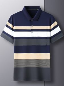 Dad Summer Wear Middle-Aged Men Short Sleeve T-Shirt 40-50 Years Old Summer Lapel Polo Shirt Middle-Aged and Elderly Stripes Tops
