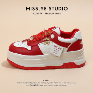 Wedding Shoes Women 2025 New Red Thick Bottom Heightening Genuine Leather White Sneakers Comfortable Cross Buckle Casual Shoes
