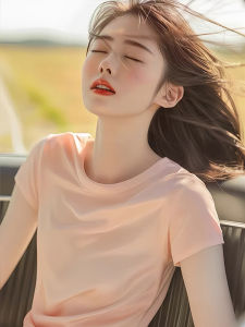 Pink Cherry Blossom Short Sleeve T-Shirt Womens Fashionable Unique Summer Top Shoulder Width Regular round Neck Basic Style