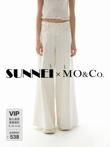 MOCO Cotton Denim Loose Wide Leg Pants Color Block Rope Tie White Long Trousers High Waist Zipper Fly Spring Season Jeans