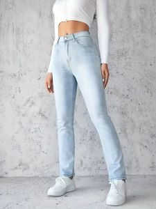 Fashionable Jeans For Woman Y2k Style Blue Stretch Denim Pants Straight Leg Comfort Fit High Waist Trousers Vintage Casual Wear