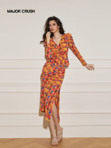 French Vintage Sunset Coast Print Pencil Skirt Set