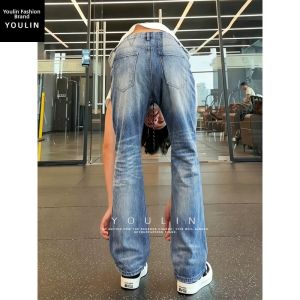 YOULIN | Men American High Street Blue Lightning Stripe Flared Jeans Clean Fit