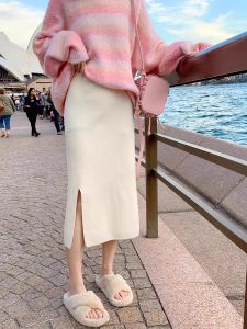 กระโปรงยาวทรงเอถักนิตติ้งผ้ากำมะหยี่ฤดูใบไม้ร่วง/ฤดูหนาว เอวสูง ทรงตรง สีพื้น กระโปรงทรงเอสำหรับผู้หญิง