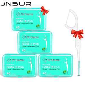 Dr.emma Dual-Head Dental Floss Picks Mint Flavor 2-in-1 Soft Silicone Interdental Brush & Toothpick 40 Pcs for Oral Cleaning