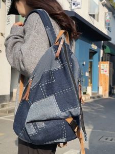 INS Hong Kong Style Distressed Canvas Schoolbag Female K-style Trendy College Student Denim Backpack Female Artistic Travel Backpack