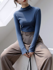 Womens Long Sleeve T-Shirt Half High Collar Base Shirt Inner Wear Top Blue Black White Casual Style Slim Fit Cotton Blend