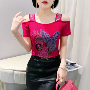 REHIN Summer New Fashion Heavy Drill Embellished Double-Layer Ice Silk Mesh Off-Shoulder Short-Sleeve Womens Top