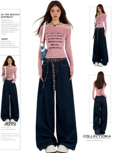 American Style High Waist Wide Leg Blue Jeans Womens Loose Fit Straight Cut Trousers Spring Autumn Wear for Young Women