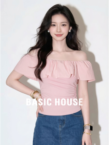 Basic House | Pink Off-the-shoulder Ruffled Waist T-shirt