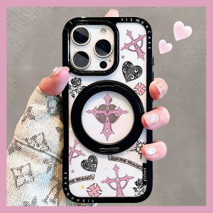 Sweet Cool Heart Cross Magnetic Absorption Phone Case for Apple 16ProMax New Model 360 Rotation Stand Creative Silicone Protective Cover for iPhone 15Pro