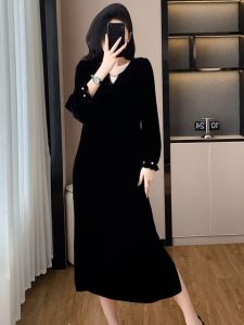 plus Size Velvet Dress French Style Luxury Loose Belly Covering Long Sleeve Elegant Slimming Black Long Dress for Autumn Winter