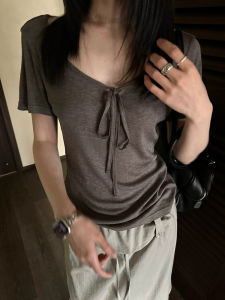 DUOFEIYAN | Tie Neck V-Neck Shoulder Fit Short Sleeve T-Shirt for Women