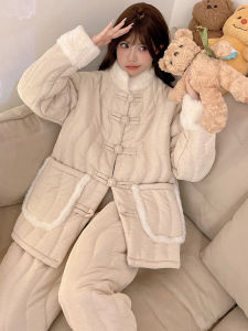 หนาขึ้น Coral ผ้าขนแกะ ผู้หญิง ชุดนอน สามชั้น ผ้าฝ้าย ชุดเสื้อผ้าบ้านผ้าสักหลาดติดกระดุมสไตล์จีนใหม่ ฤดูหนาว ชุดนอน