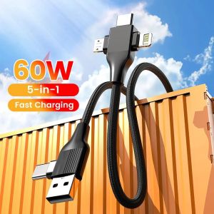 60W 5 in 1 USB C To Type C Micro Fast Charge Cable USB A To Lighting Super Charge Cable For Iphone 15 14 Huawei Xiaomi