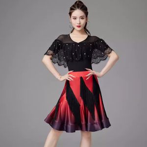 เสื้อแขนสั้นสำหรับผู้หญิงกระโปรงห้อย พู่ขนาดเล็ก การฝึกเต้นแบบละติน