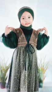 Gamis Anak Set Hijab Terbaru Azzumi Kids BL Velvet Mix Tulle Brocade Ethnic Premium Mix Gliter Soft Tule M L XL Baju Muslim Anak Umur 3 - 6 Tahun Kekinian Dress Muslimah Syari Cantik Elegan Warna Hitam Burgundy Emerald Brown