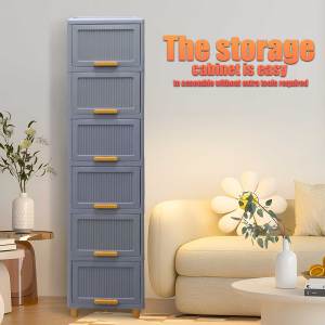 Grey Wave Flip Door Storage Cabinet 6 Layers Plastic Vertical Organizer Cabinet Dustproof Household Storage Chest for Kitchen Living Room