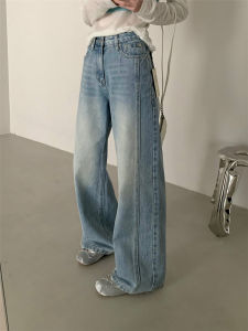 Retro Gradient Washed High Waist Straight Leg Jeans Versatile Classic Blue Denim Pants Korean Style Spring Season Multi-Pocket