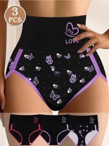3-Pack Womens High-Waisted Tummy Control Briefs - Elegant Contrast Trim with Floral & Butterfly Design Soft Breathable Fabric