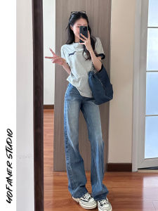 กางเกงยีนส์ทรงตรงเอวสูงสีน้ำเงินเข้ม กางเกงขายาวทรงหลวมสไตล์อเมริกันย้อนยุคสำหรับผู้หญิง กางเกงขายาวทรงหลวมสำหรับผู้หญิง