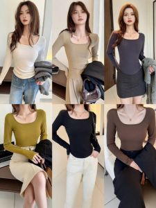 High Quality Solid Color Double Faced Fleece Base Shirt Womens Long Sleeve Ribbed Collar T-Shirt Autumn Winter Inner Wear