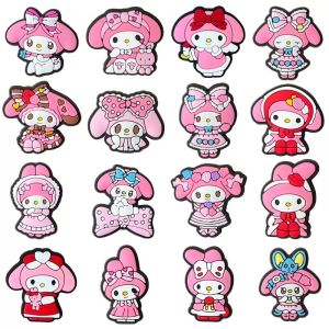 Mesuca | 16Pcs Sanrio Melody Shoe Charms PVC Cartoon Clog Sandals Garden Shoe Accessorie Decorations Buckle for Girl Holiday Gifts