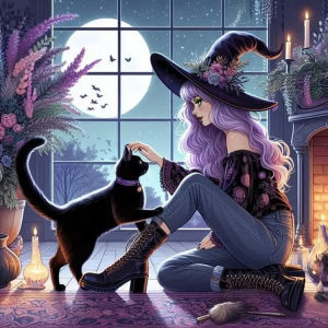5D DIY Full Drill Diamond Painting Kit Cute Witch Holding Broom With Black Cat For Adults Bedroom Wall Art Stress Relief Gift