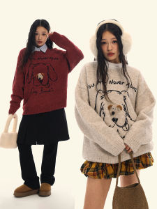 Ladies Thickened Loose Fit Sweater Sweet Style Doggies Lazy Fashion Soft Cozy Autumn Winter Outerwear round Neck Long Sleeve