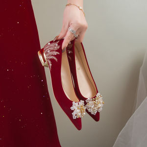 Red Chinese Style Wedding Shoes Women Flat Bottom New 2023 Show Heel Diamond Bride Maternity Shoes Korean Style Pure Color