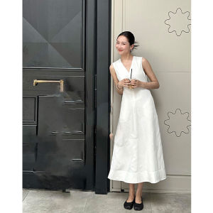 French Minimalist White V-Neck Sleeveless Vest Dress Summer Gathered Waist Long Linen Vest White Dress Commute Style Summer Season
