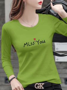 Áo Thun Nữ Dài Tay Zhengya Màu Xanh Lá Cây In Hoa Hồng Slim Fit Cotton Và Cổ Tròn Bằng Sợi Đàn Hồi Polyurethane Cho Mùa Thu