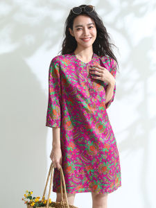 Miccbeirn | Silk Power Spin Vintage Print Dress Mulberry Silk New Chinese Style Button Fashion Loose Straight Tube Skirt Round Neckline