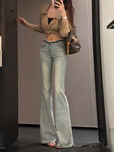 Low Waist Bell Bottom Denim Jeans Womens Thin Elastic Design Versatile Summer Fashion Pure Desire Embellished Casual Wear