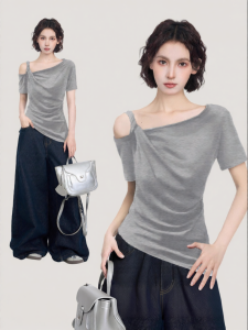 BAIDAIFEI | Gray Asymmetric Off-shoulder Short Sleeve Summer Slim-fitting Top