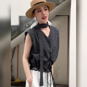 YUFUQING | Korean Style V-neck Plaid Shirt Womens Summer Design Drawstring Slimming Top Thin Flying Sleeve Ribbon Detail Loose Fit