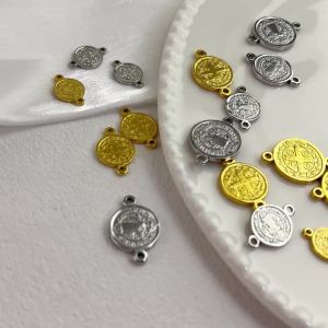 5pcs Stainless Steel Double Hole Embossed Round Pendant for DIY Necklace Bracelet Connector Religious Jewelry Making