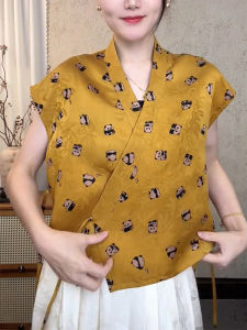 QINGNAER | Embroidered Panda V-Neck Cross Tie Sleeve Short Sleeve Shirt