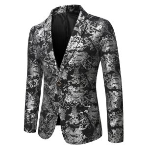 Mens Slim Fit Print Blazer Jacket 2025 Fashion Handsome Business Casual Silver Stage Show Suit Small Menswear