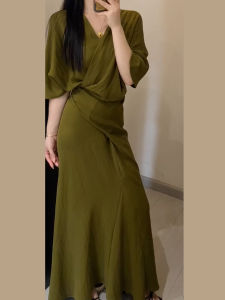 Ge·an·fei | French Elegant Green V-Neck Short Sleeve Dress