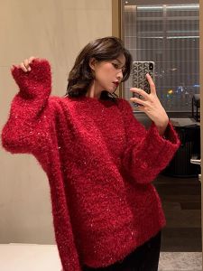 เสื้อสเวตเตอร์ถักนิตติ้งเงาสีแดงสำหรับผู้หญิง ฤดูใบไม้ร่วง/ฤดูหนาว เสื้อคลุมยาวปานกลาง สไตล์วันหยุดใหม่ แฟชั่นสำหรับผู้หญิง