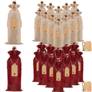 12Pcs Burlap Wine Bags Wine Gift Bags for Christmas Wedding Birthday Drawstrings Wine Bottle Storage Bags with Tags & Ropes Kits