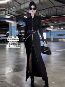 Slim Fit Knitted Dress Womens Autumn Winter New Style Korean Version Long Sleeve Zipper mid Length Skirt Trendy Base Layer Dress